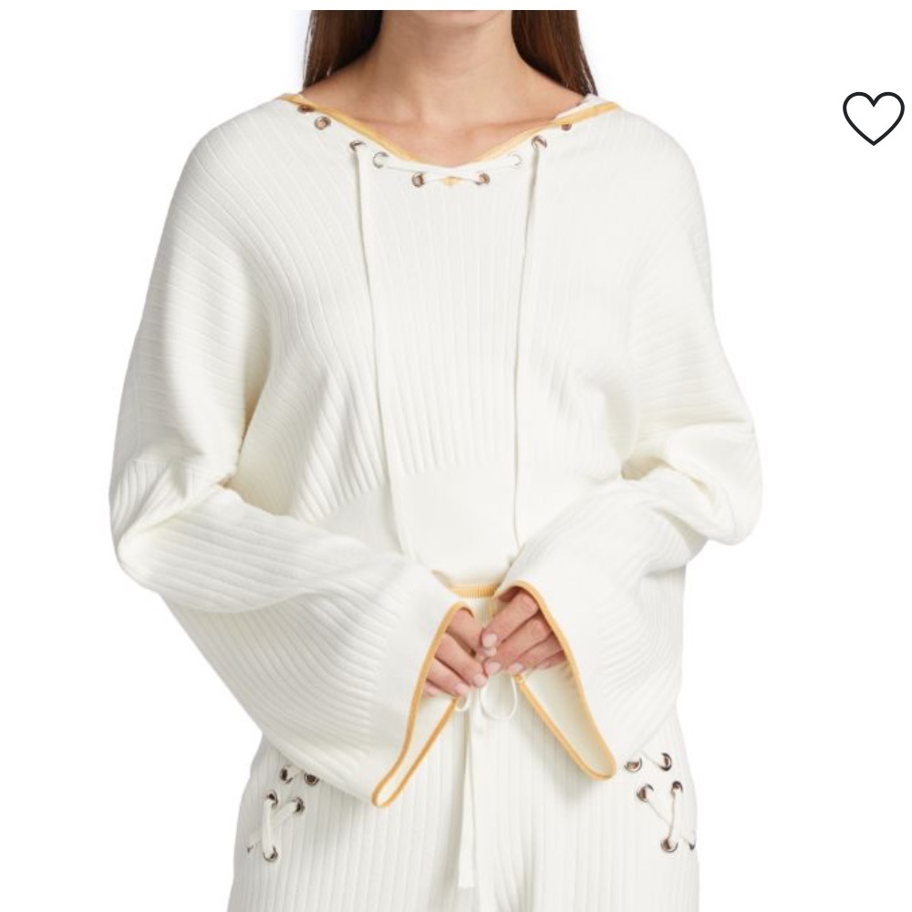 Ramy Brook Cream Ribbed Hoodie with Gold Trim